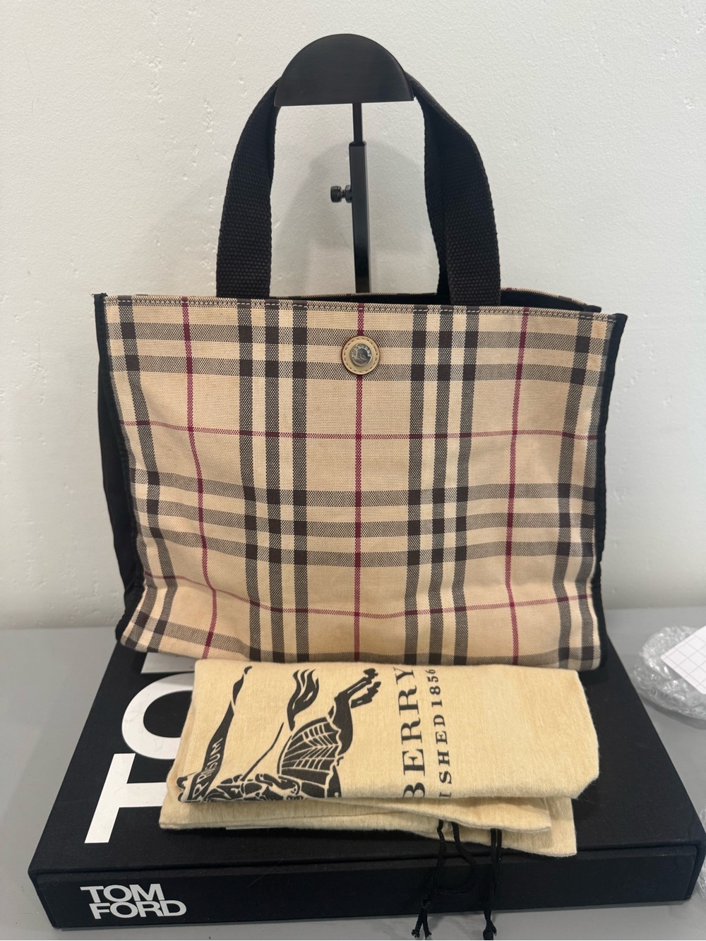 Burberry Beige Nova Check Tote with Black Handles
